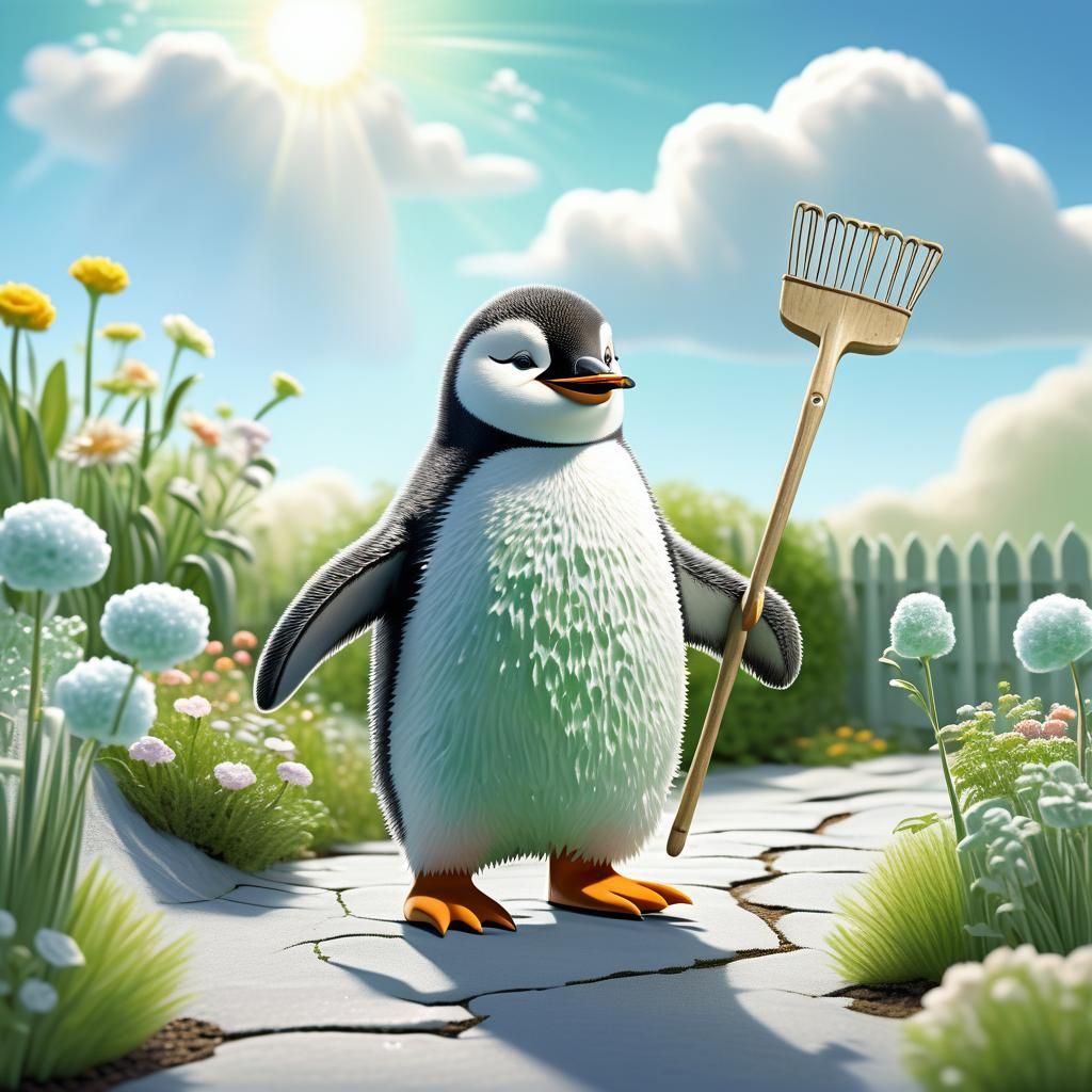 Penguin Moves Iceberg with Rake: Whimsical Illustration
