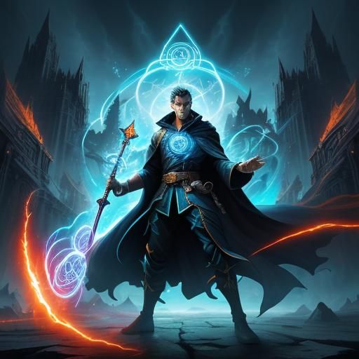Sorcerer Conjures Energy in Fantasy Cityscape
