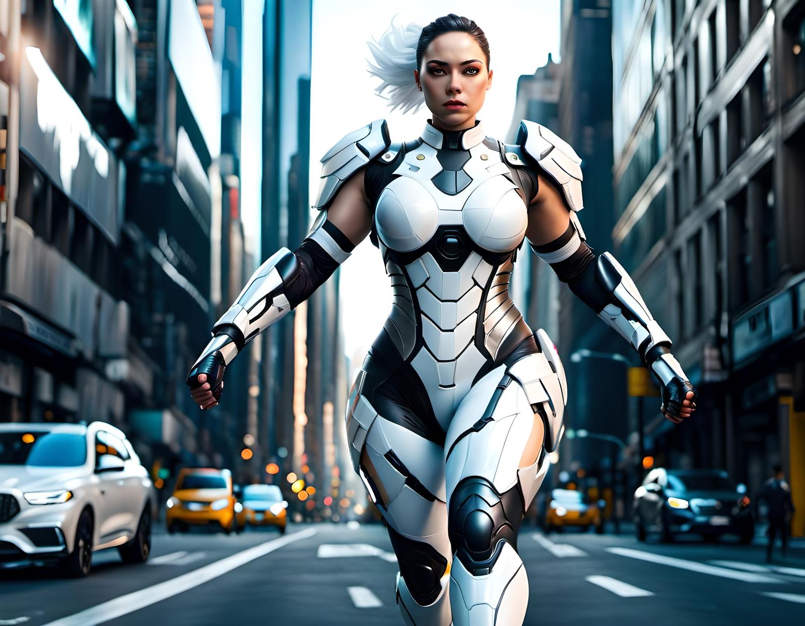 Cyborg Angel in Urban Cityscape: Realistic Full Body