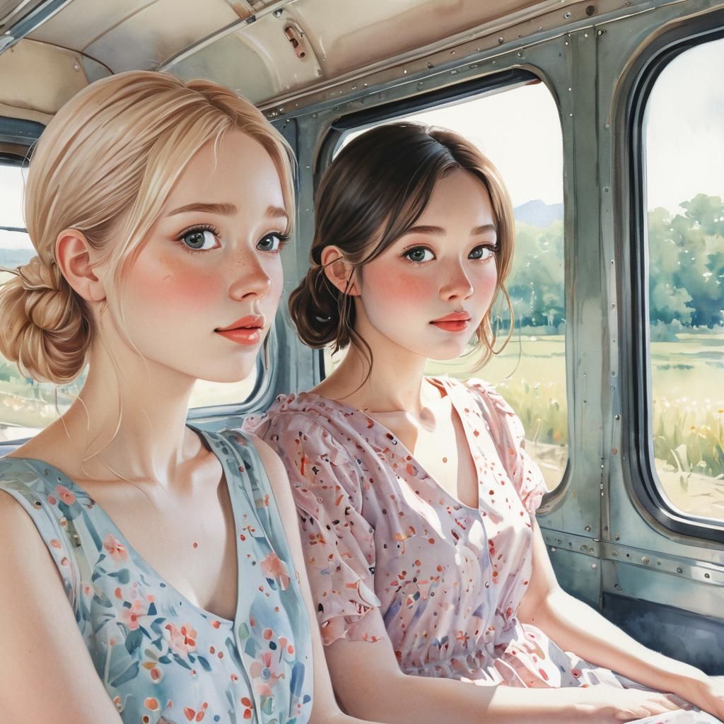 Girls on a Train: Watercolor Illustration