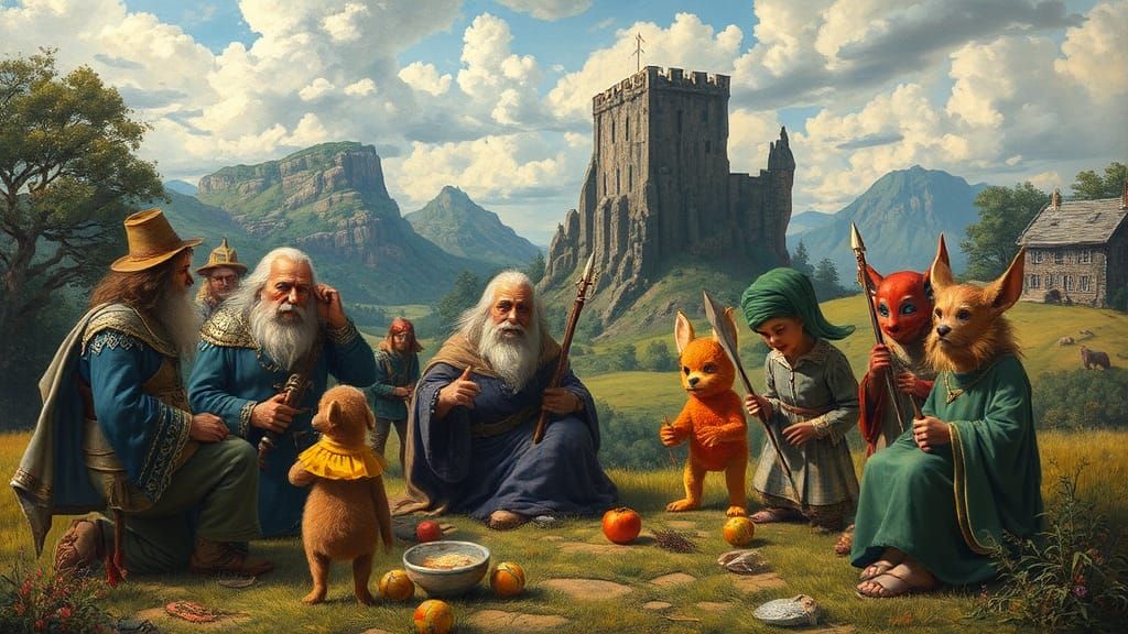 Retro Game Characters in Gospel Landscape, Gurney Oil Painti...