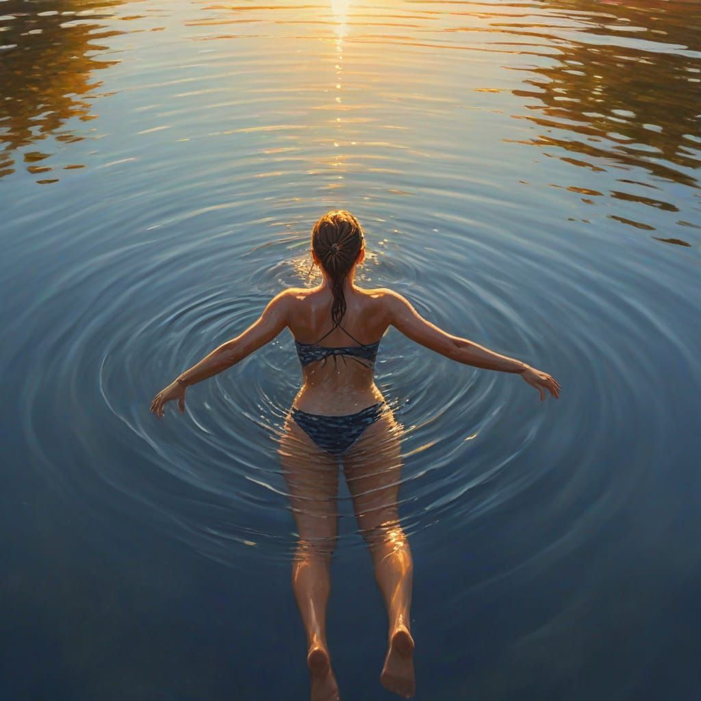 Vibrant Oil Painting of Serene Lake Swim at Golden Hour