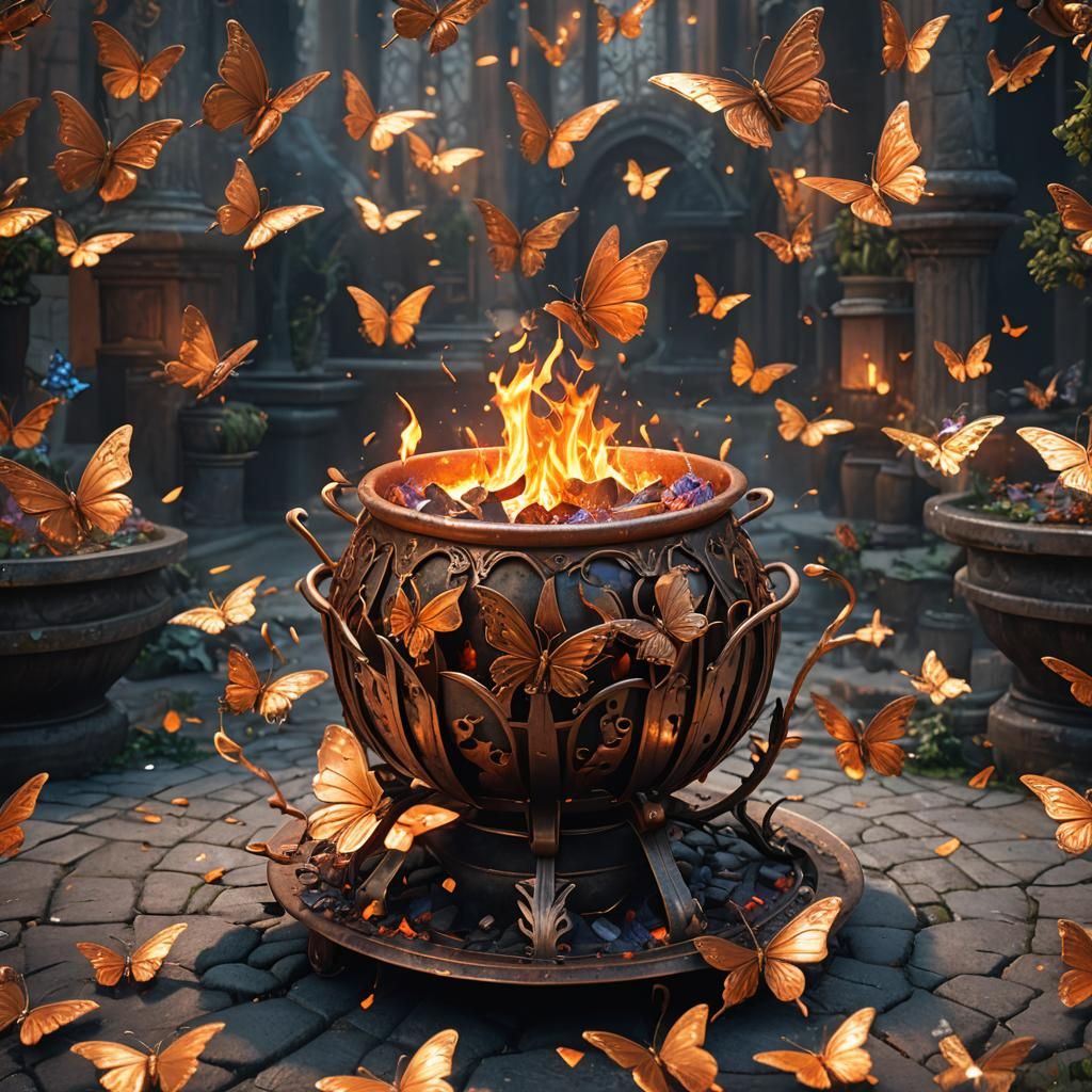 Copper Brazier with Butterfly Flames: Detailed Matte Paintin...