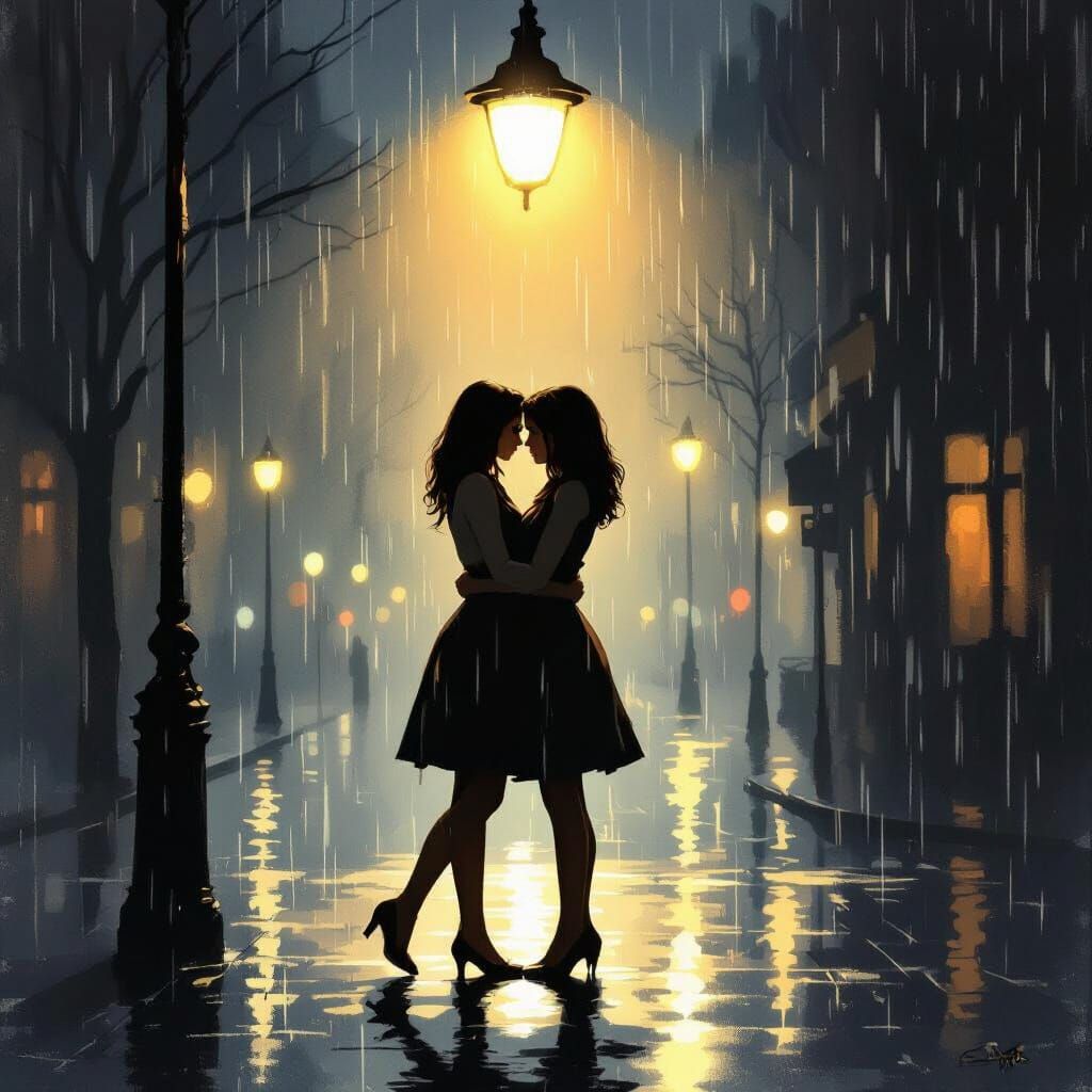 Romantic Couple Embrace in Rainy City Night
