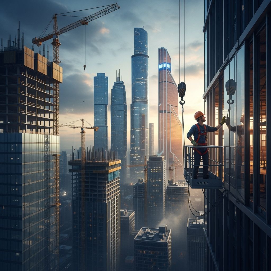 Construction Worker Installing Glass on Highrise Building