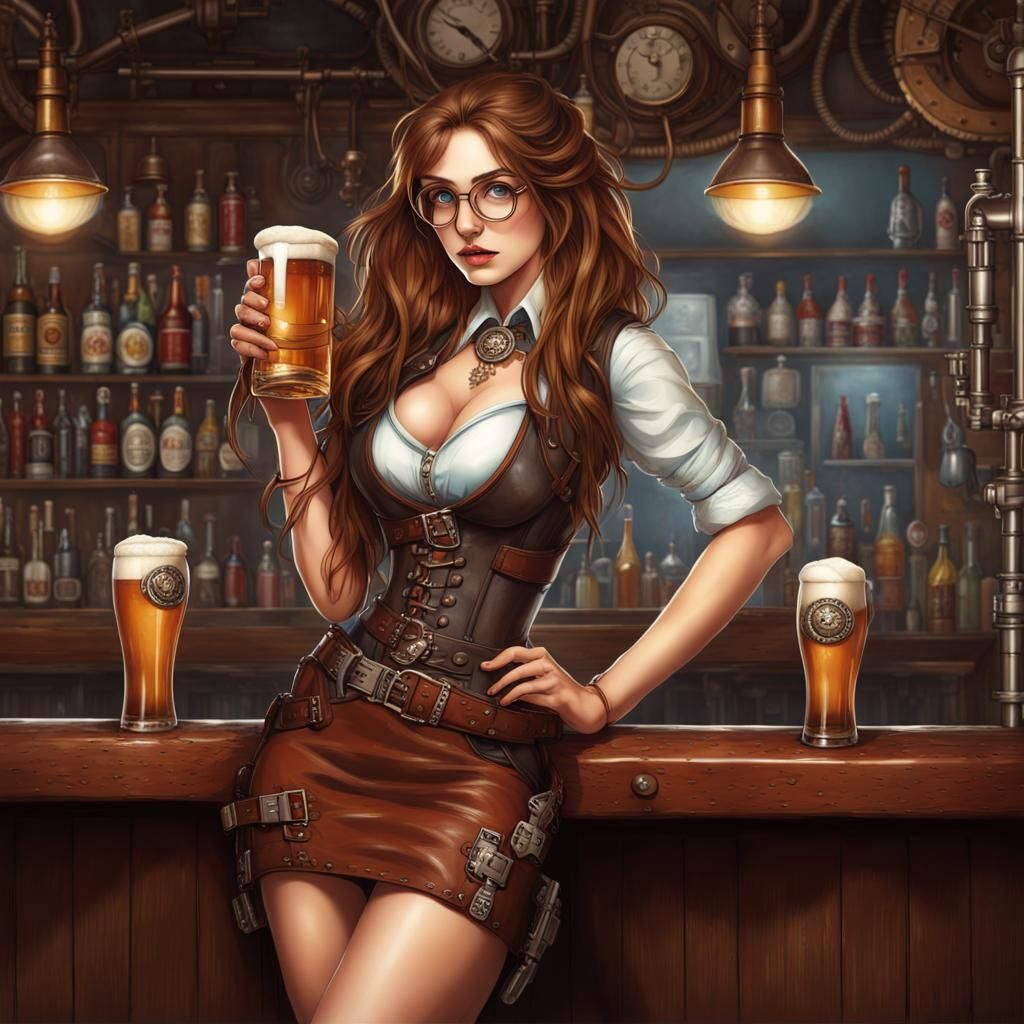 Steampunk Bar Scene with Woman in Short Skirt