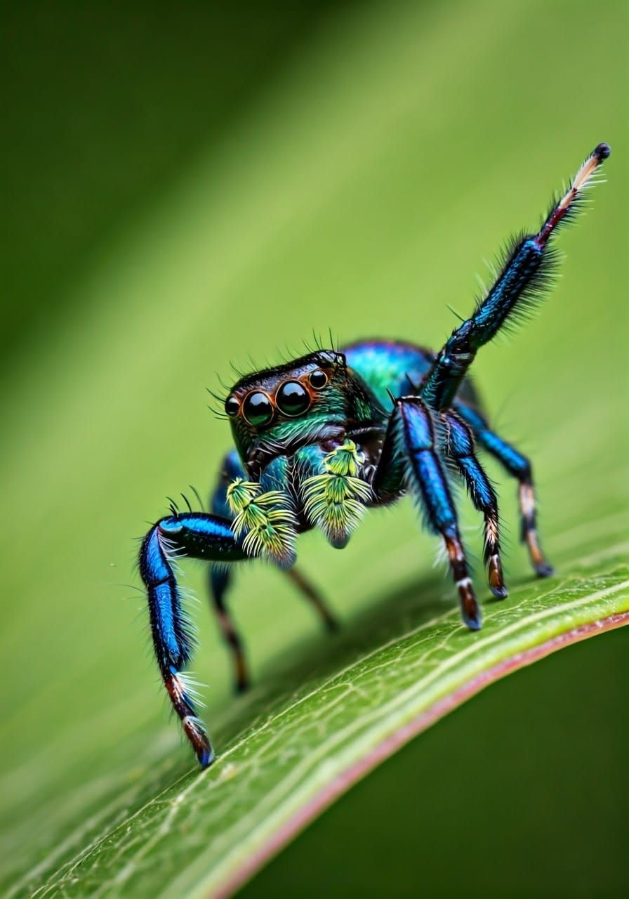 Iridescent Jumping Spider in Emerald Landscape