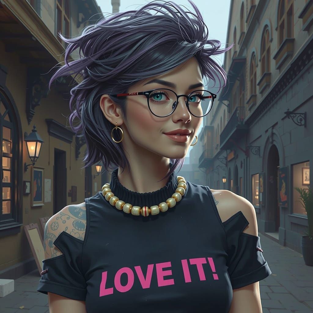 Futuristic Goddess in Medieval Street Scene