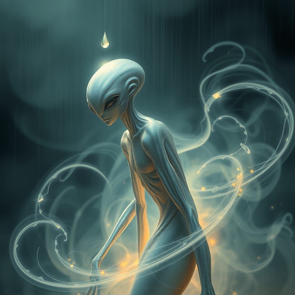 Ethereal Alien Dances Under Shimmering Light, Night Falls