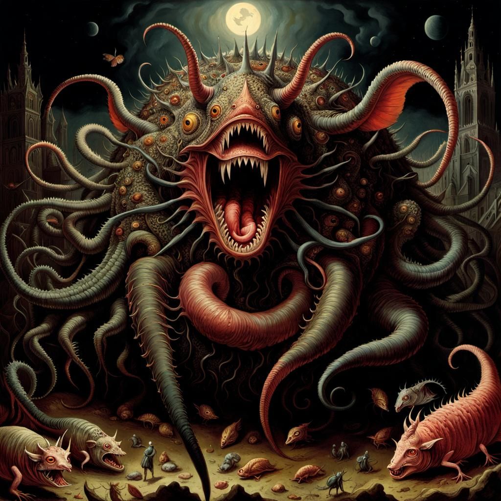 Surreal Horror: God as Meat, Inspired by Doré and Bosch