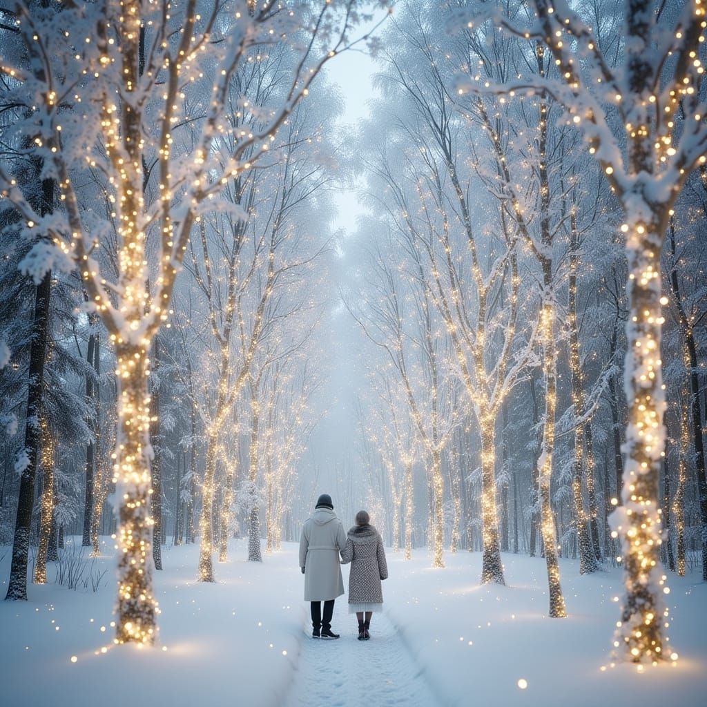Couple Walks Through Twinkling Winter Wonderland