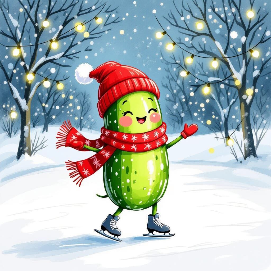 Cucumber Ice Skating on Christmas Pond in Watercolor Style