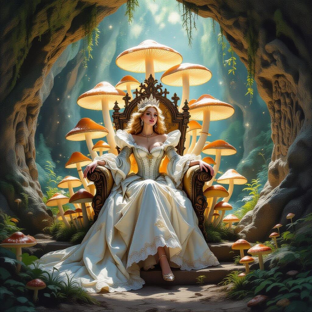 Baroque Gothic Queen on Mushroom Throne in Grotto