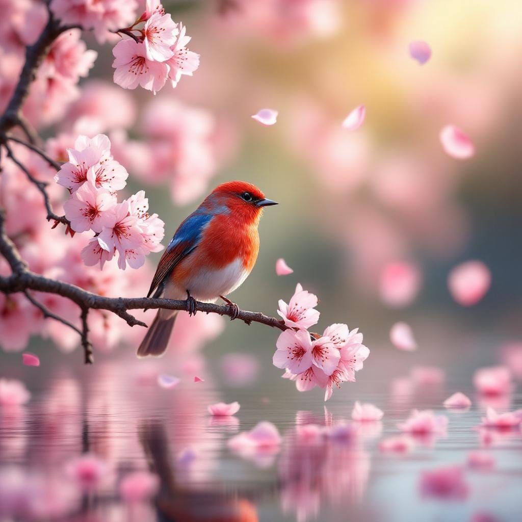 Red and Blue Songbird on Cherry Blossom Branch