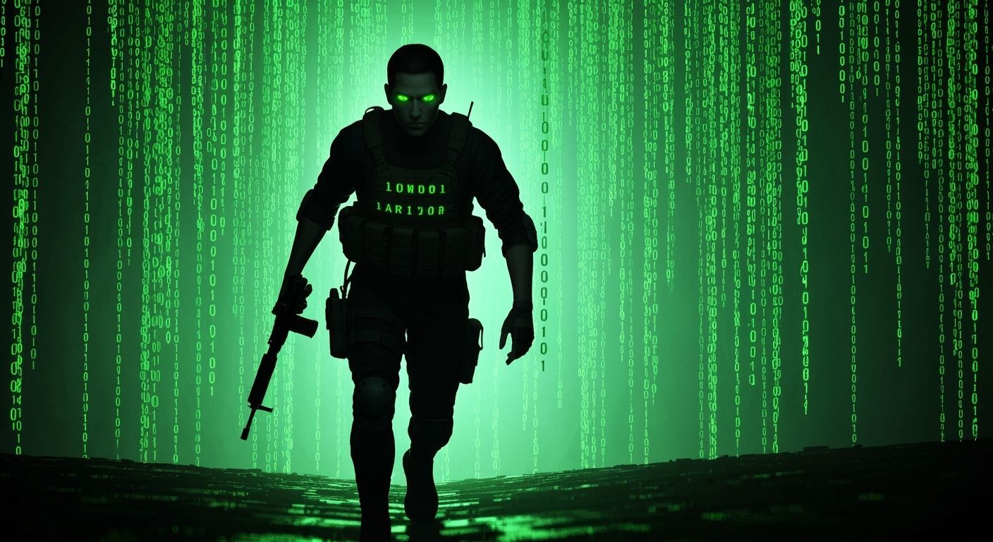 Lone Operative in Surreal Digital Matrix Landscape