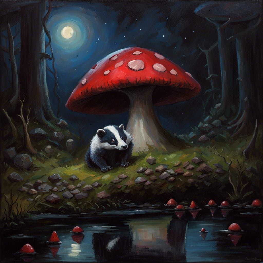 Gothic Horror Badger and Toadstool Under Stars