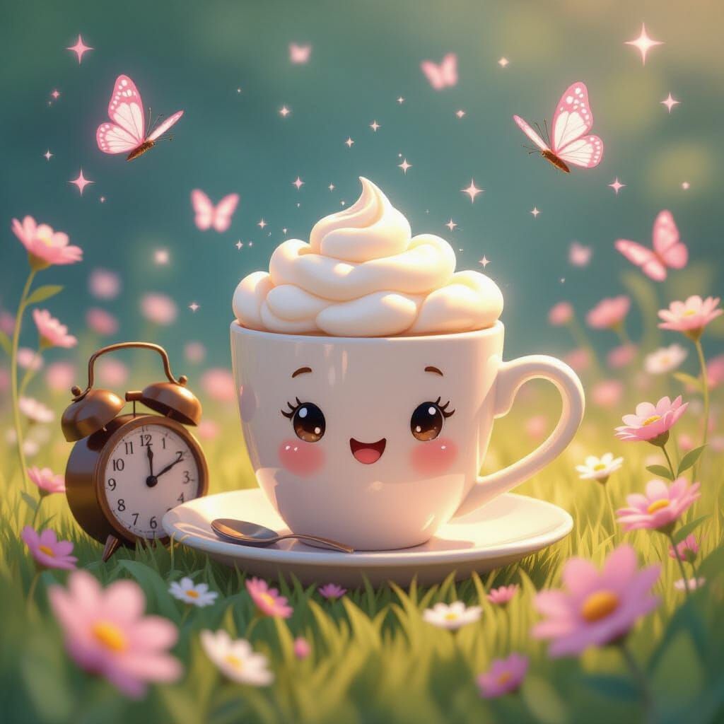Coffee Cup and Alarm Clock Dancing in a Meadow