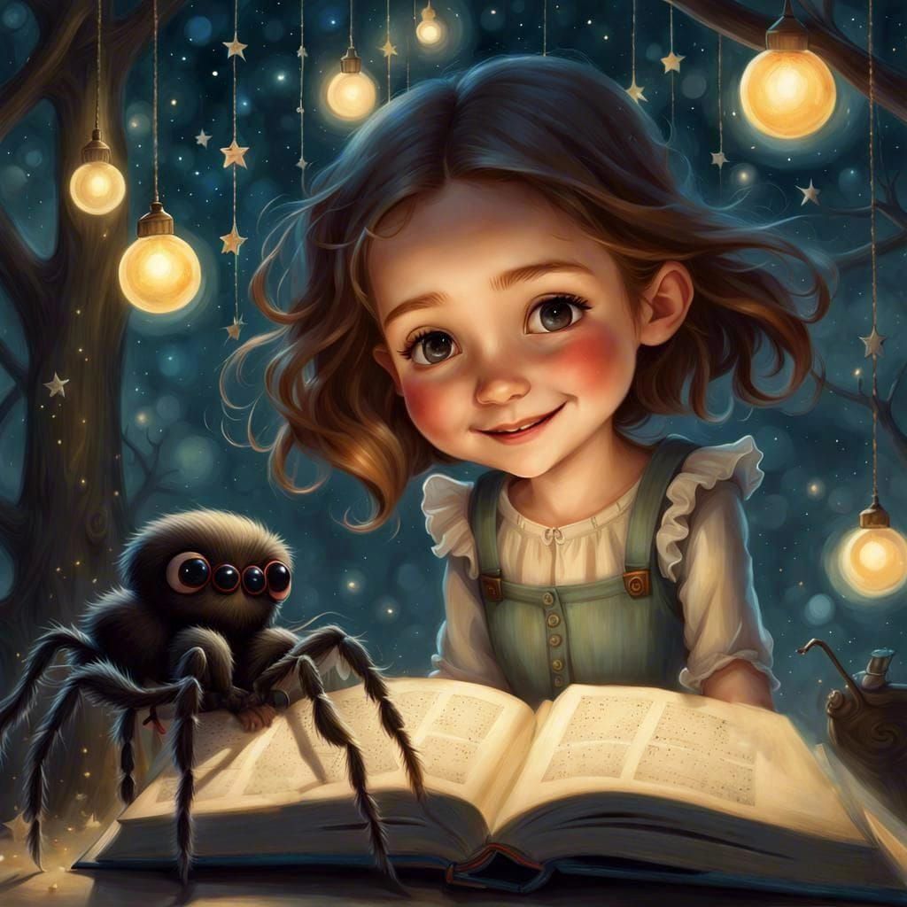 Magical Night: Girl and Spider Reading Together