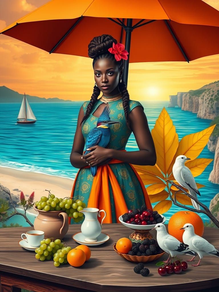 Fantastical Coastal Scene with Woman in Teal Dress