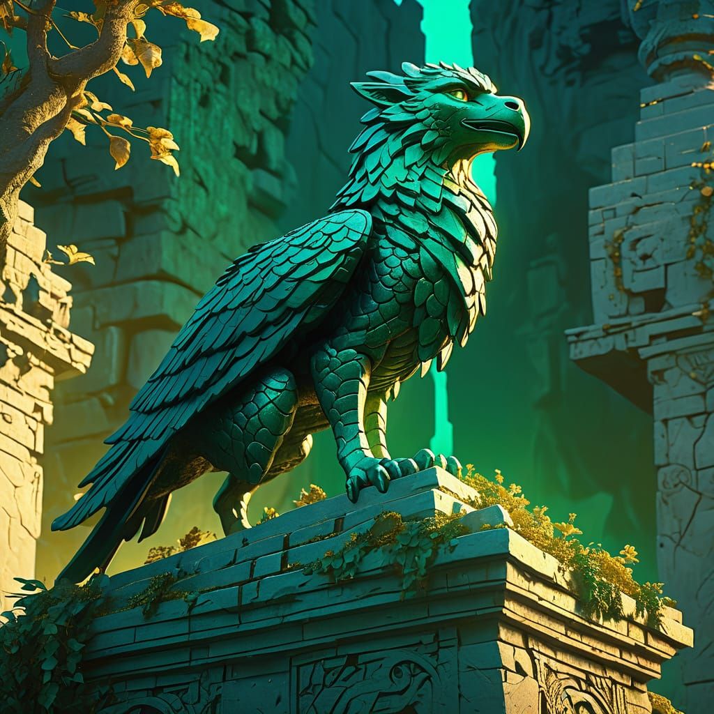 Emerald Griffin Statue on Ziggurat: Oil Painting Style