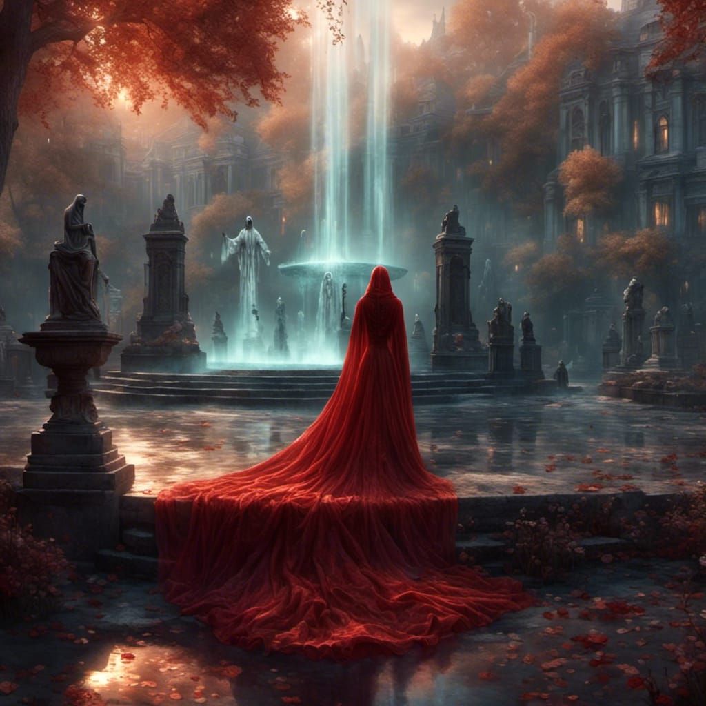 Grim Reaper in Red Gown Watching Fountain