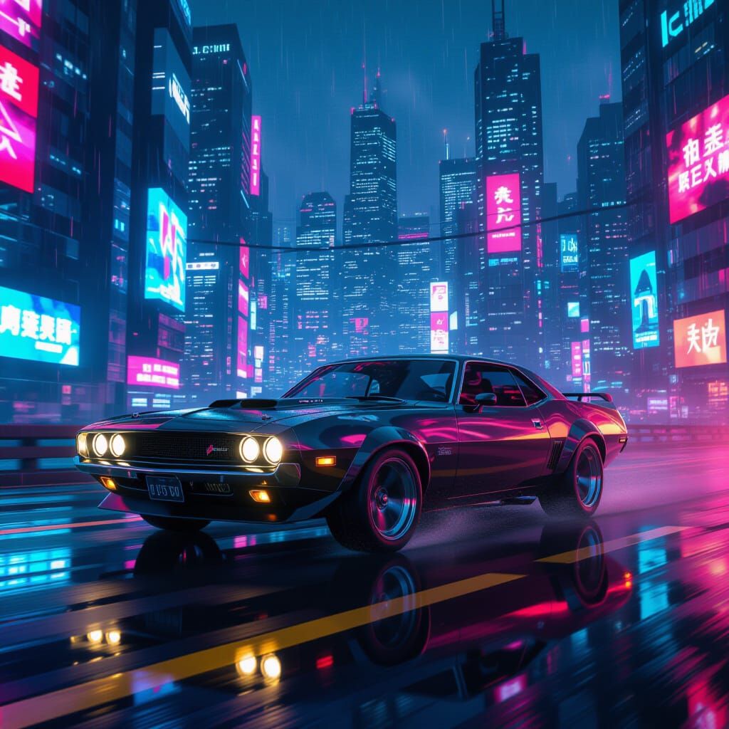 Cyberpunk Muscle Car Speeds Through Neon Metropolis