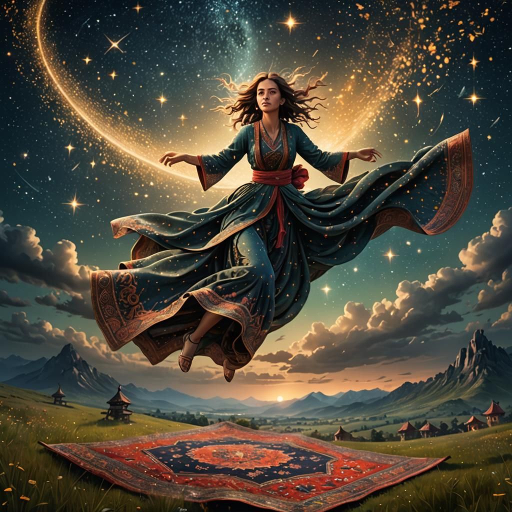 Girl on Flying Carpet in Starry Meadow