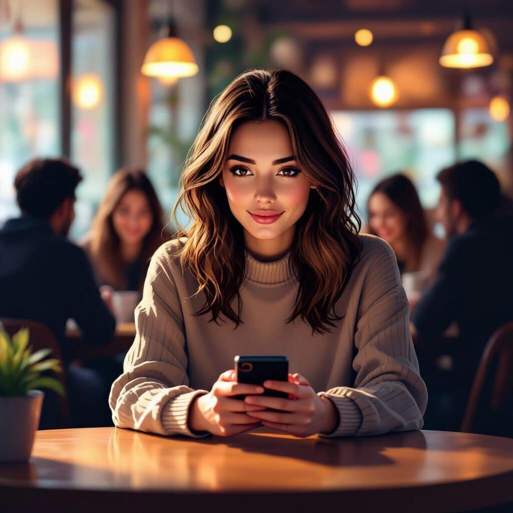Woman Focused on Phone in Cozy Cafe with Silhouetted Friends
