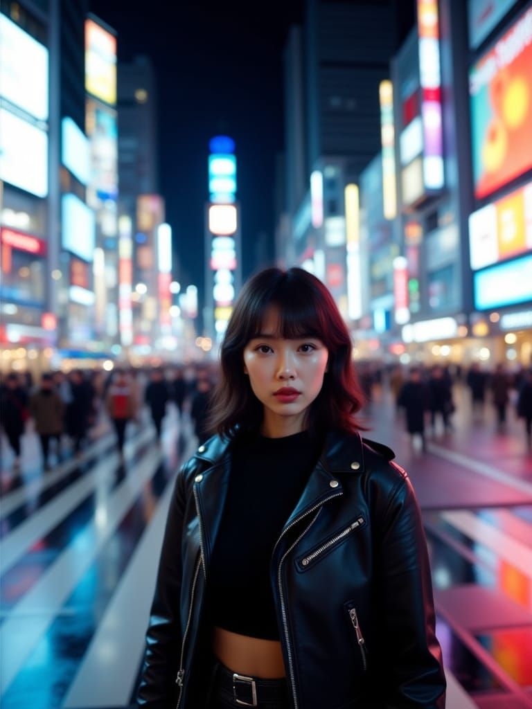 Woman in Shibuya Crossing at Night with Neon Lights