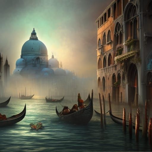 Fantasy Venice Scene with Dragon in Detailed Matte Painting