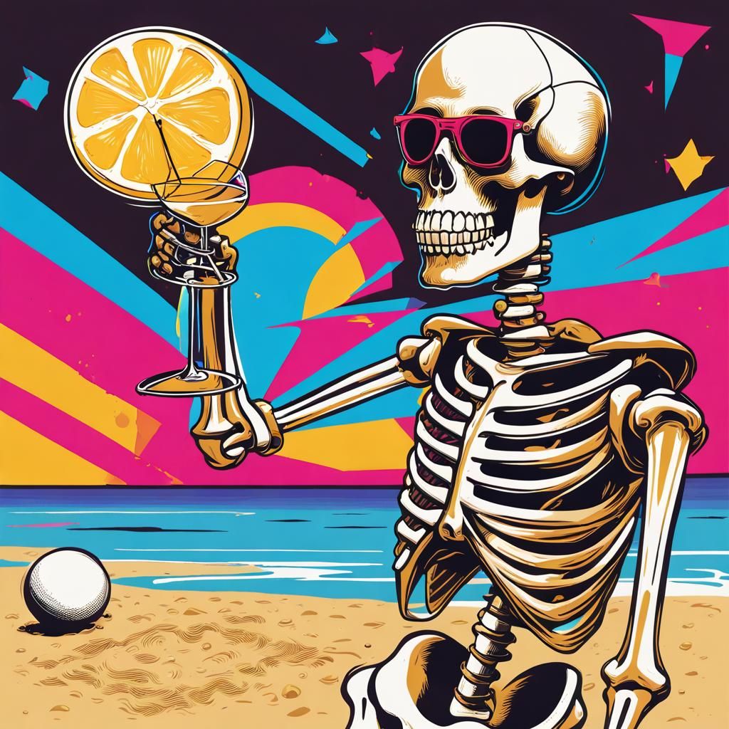 Skeleton Beach Vacation in Pop Art Style