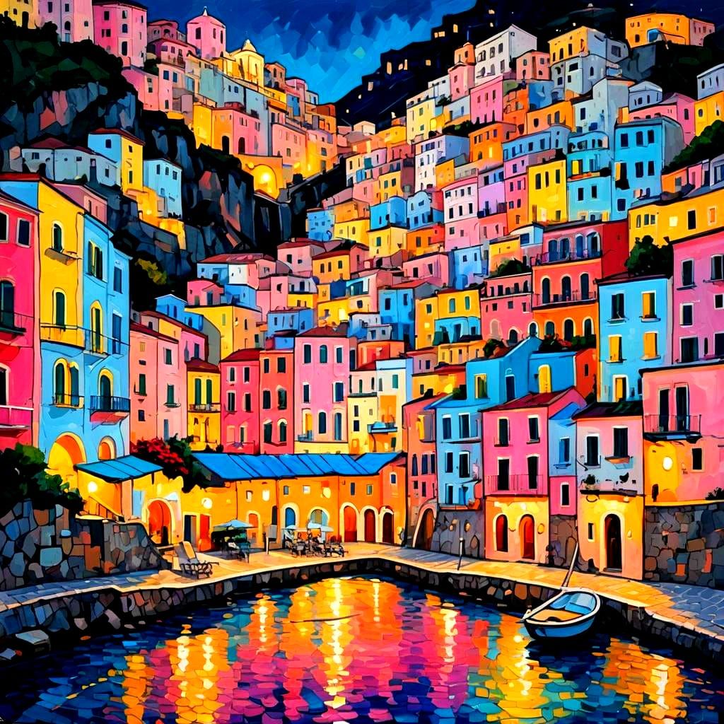 Amalfi Coast Night in Warhol-esque Pastel Drawing
