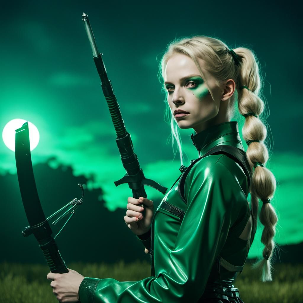 Blonde Heroine with Weapons in Dark Green Latex