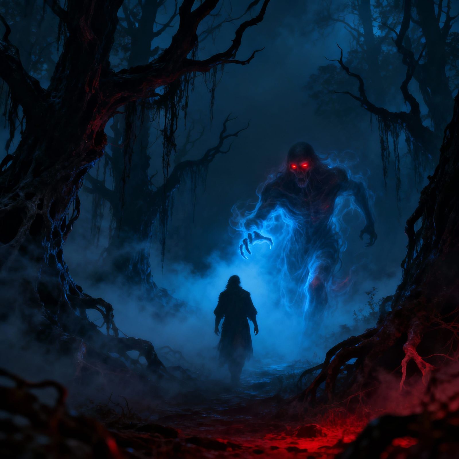 Ghostly Wraith Pursues Figure in Dark Fantasy Forest