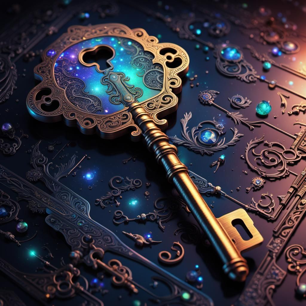 Ornate Key with Astral Holographic Illustration