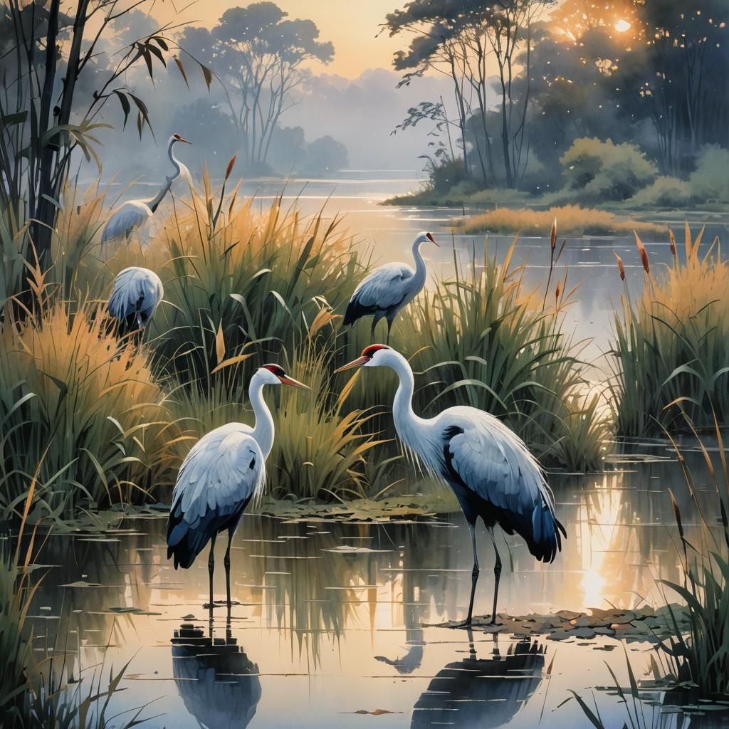 Cranes in Reed Bed at Sunset, Art Deco Style