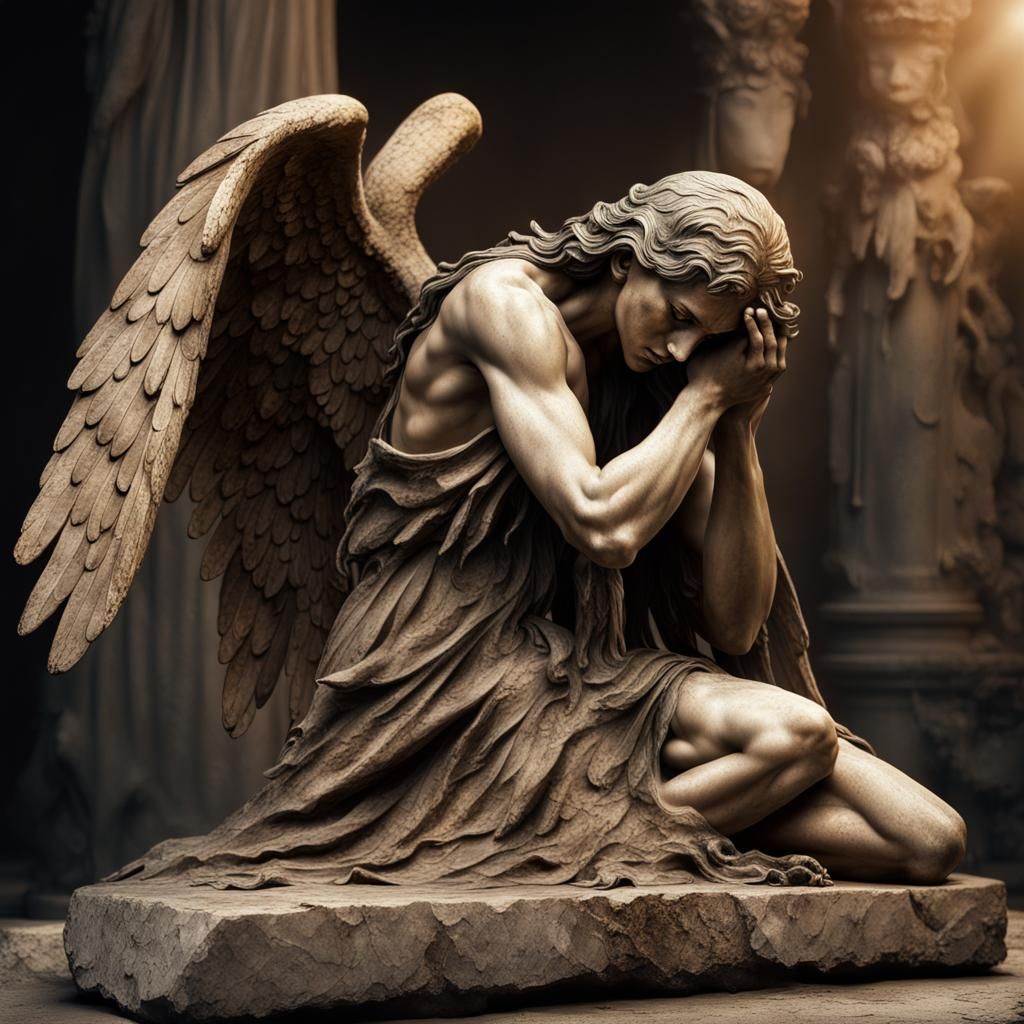 Sorrowful Fallen Angels Statue in Grecian Style