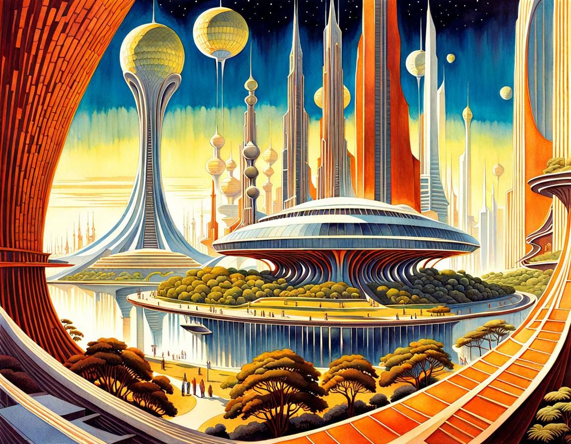 Utopian City in Pop Surreal Watercolor Style