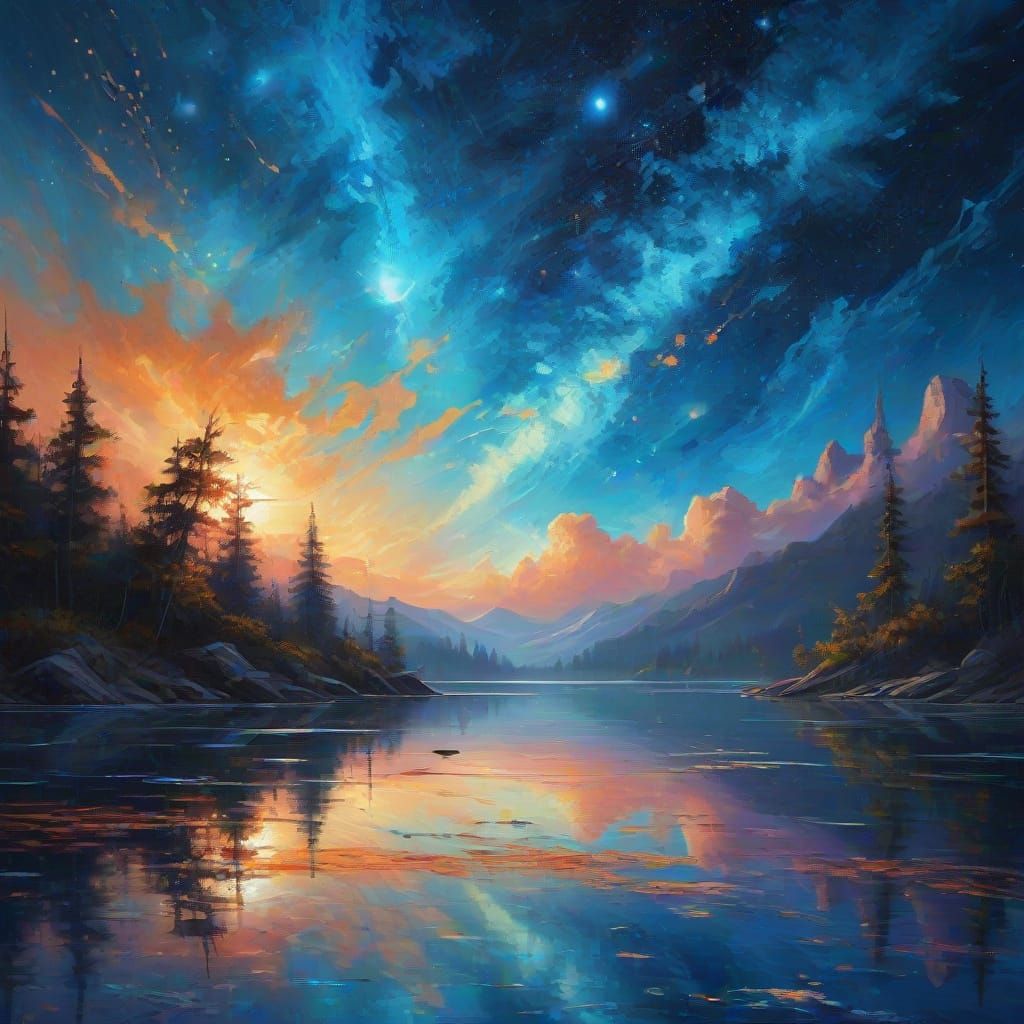Celestial Lake Reflects the Cosmos: Neo-Impressionism