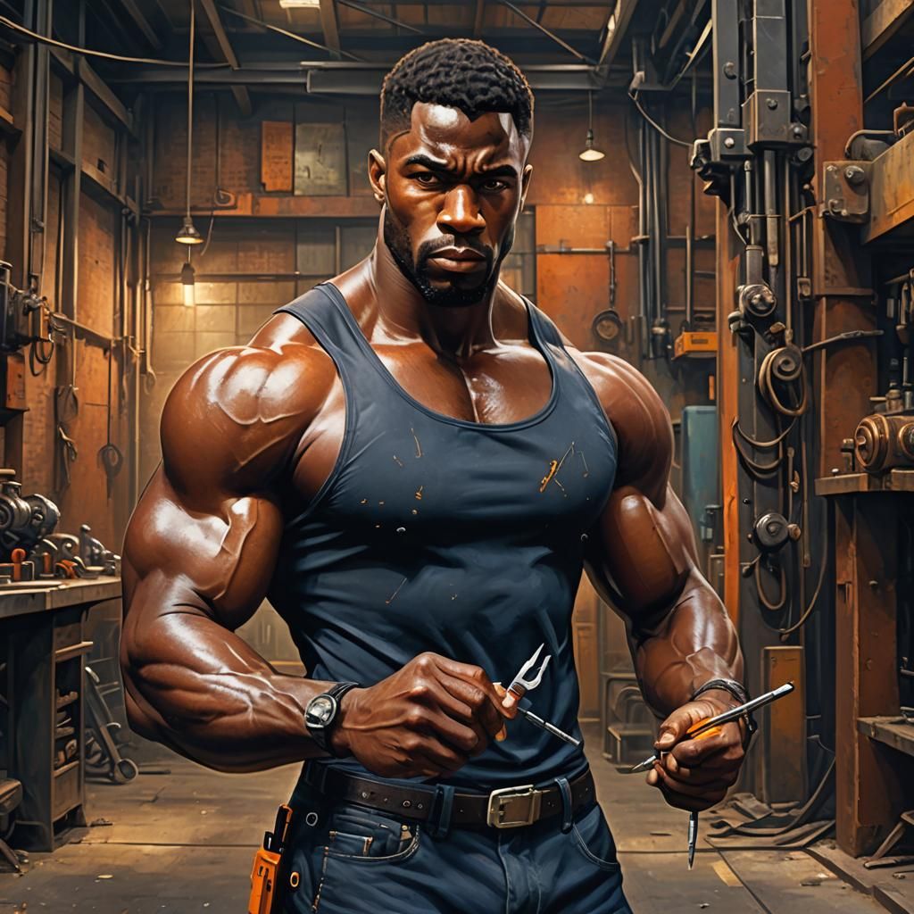 Muscular Man with Screwdriver in Workshop: Digital Art