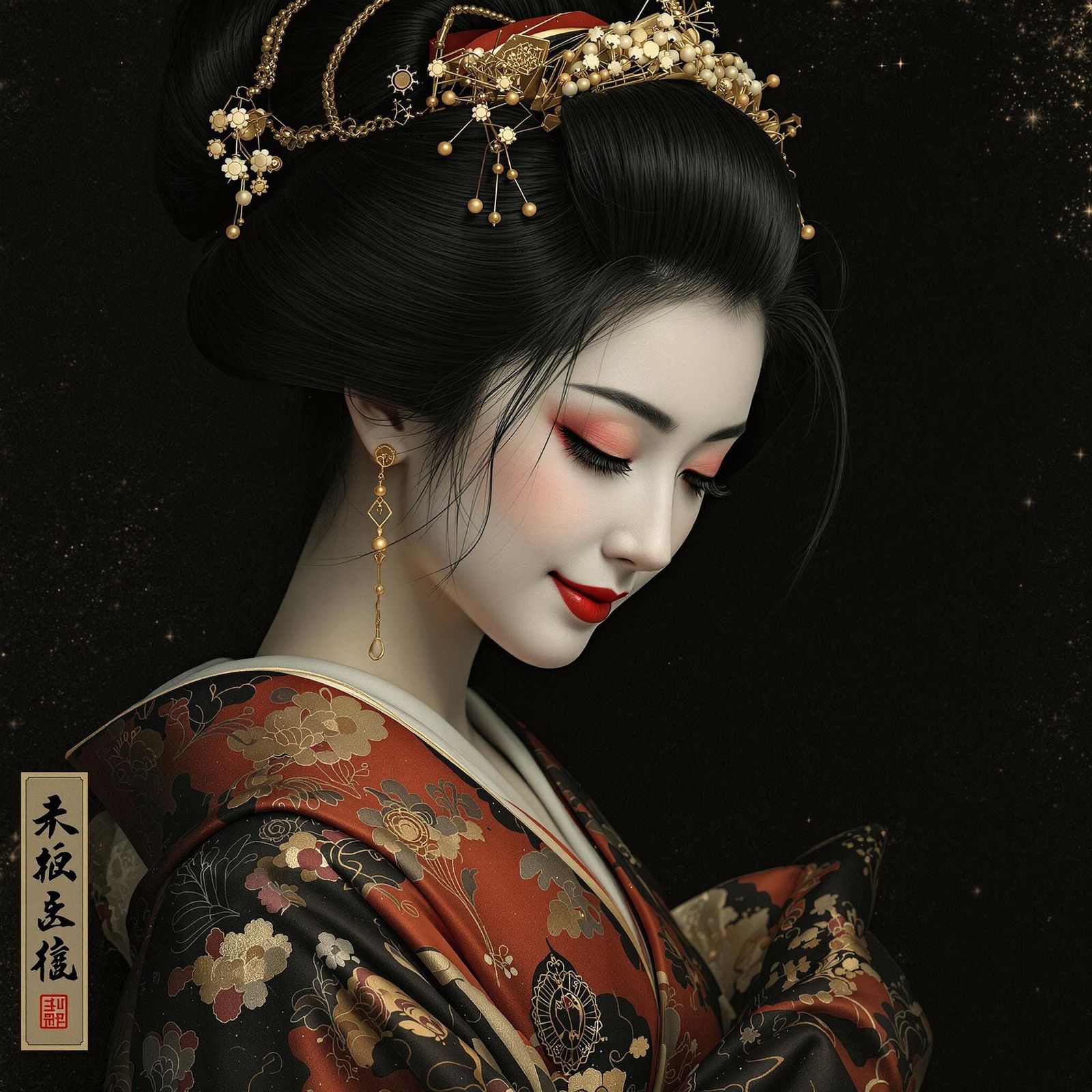 Serene Geisha in Ink-Washed Darkness