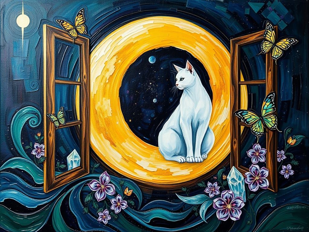 Dreamy Impasto Landscape with Celestial Feline