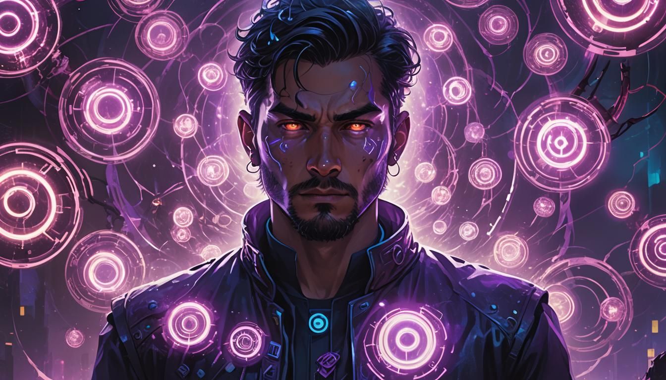 Man Surrounded by Glowing Sci-Fi Symbols