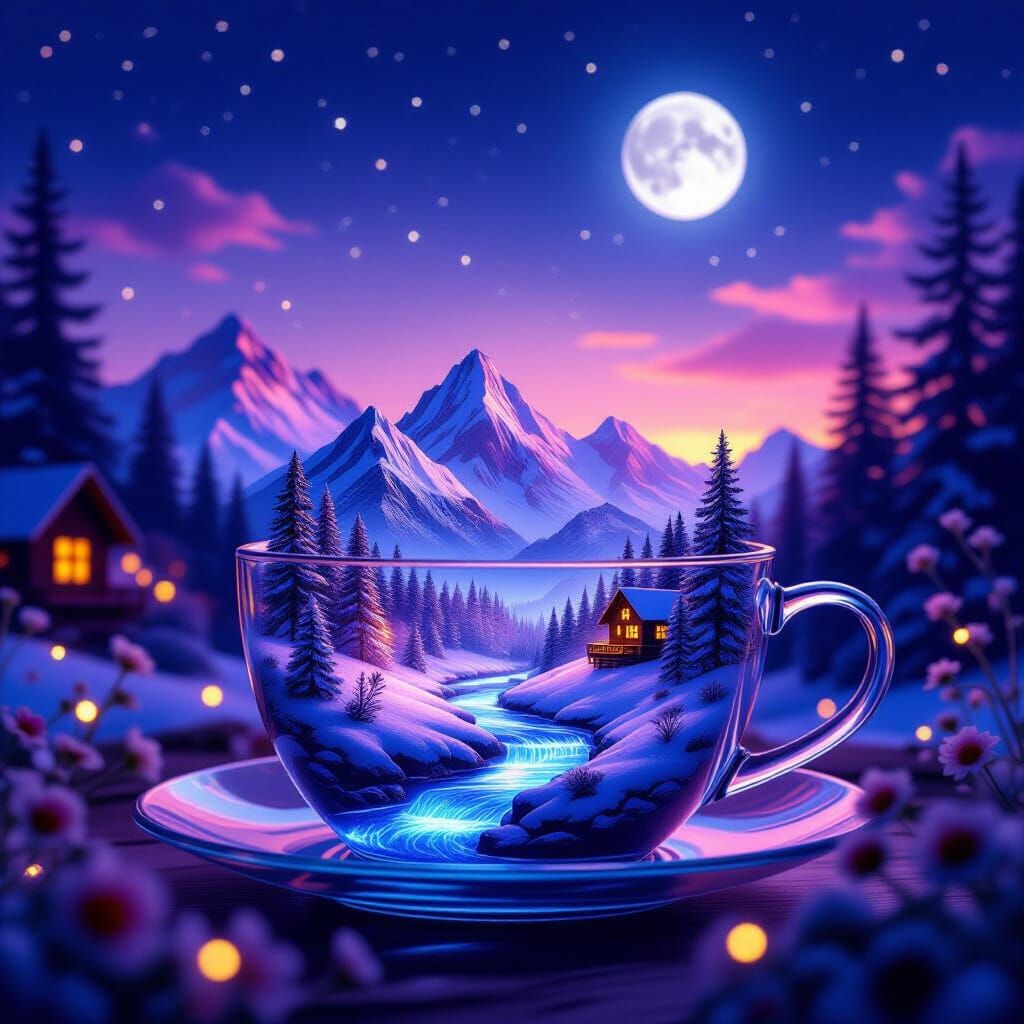 Magical Miniature World Inside a Glowing Teacup