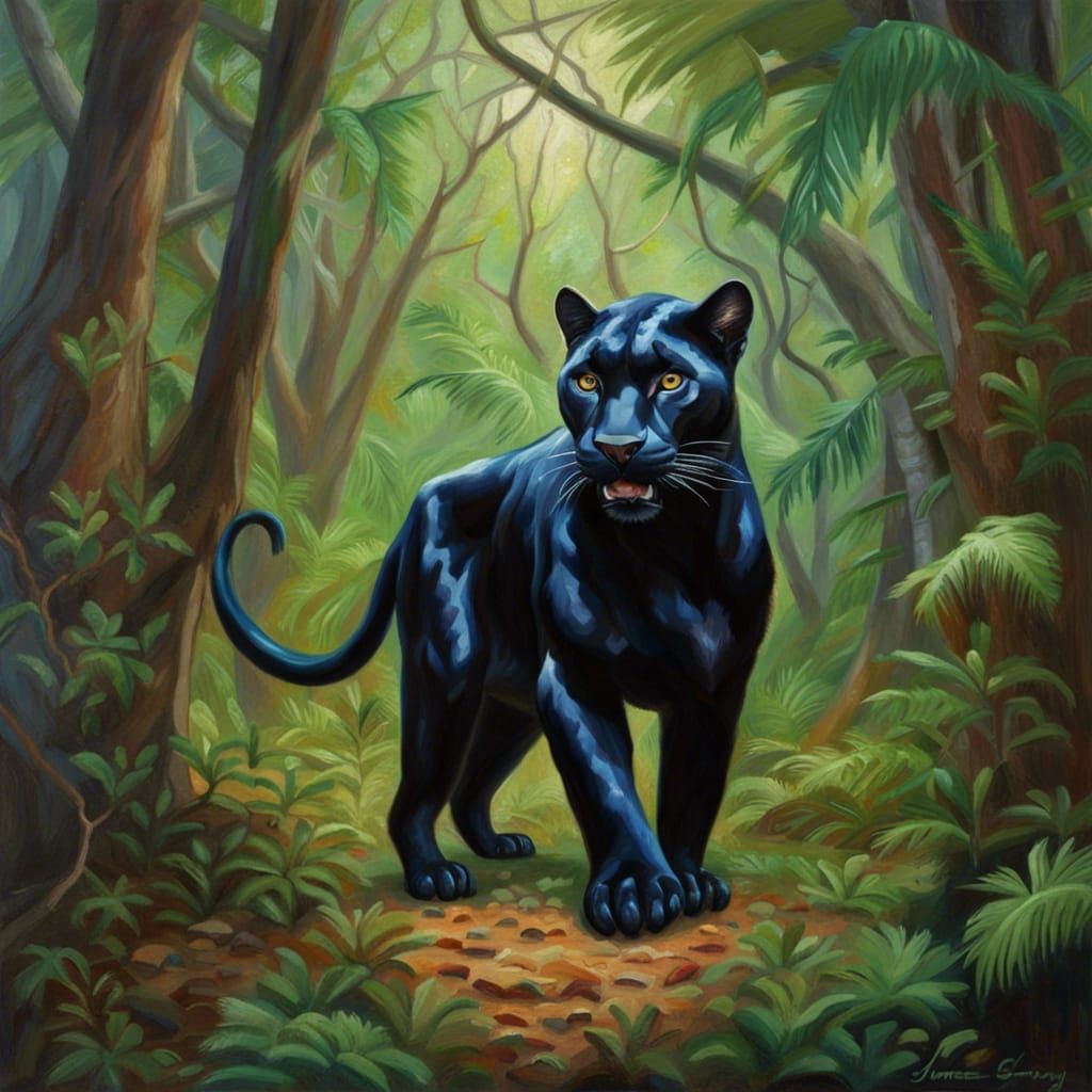 Panther in Fantasy Forest: Hyperdetailed Oil Painting