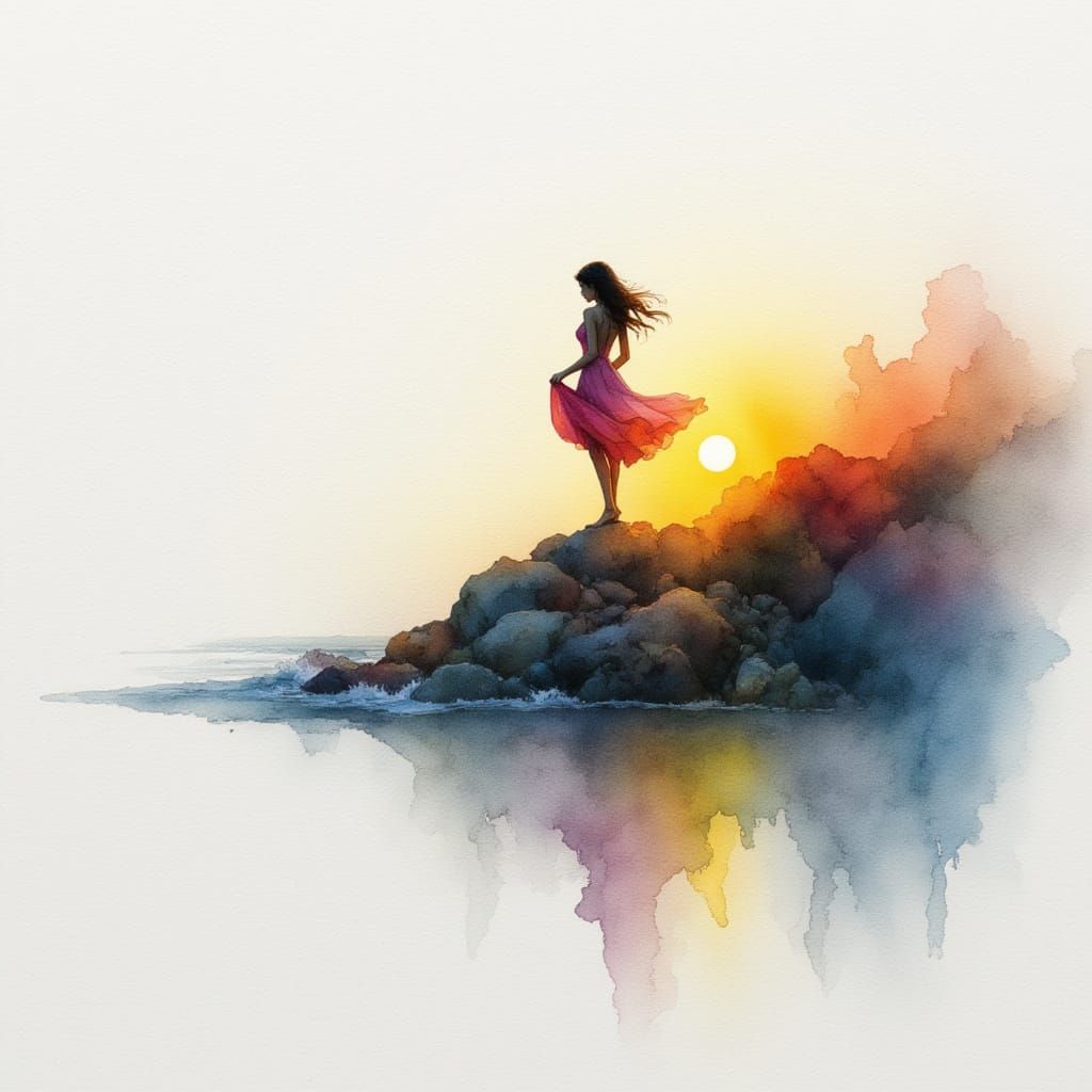 Woman on Cliff in Golden Hour Watercolor