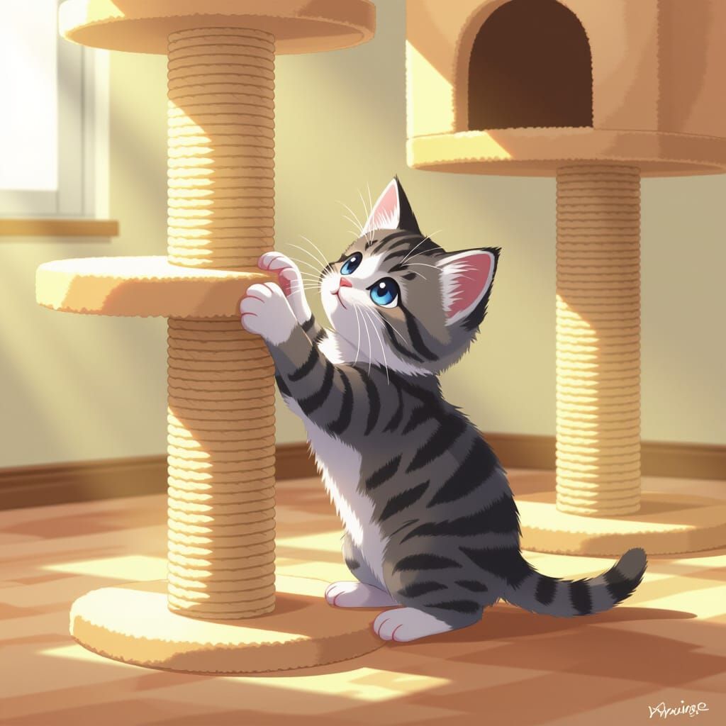 Tiny Kitten Fails to Climb Cat Tree