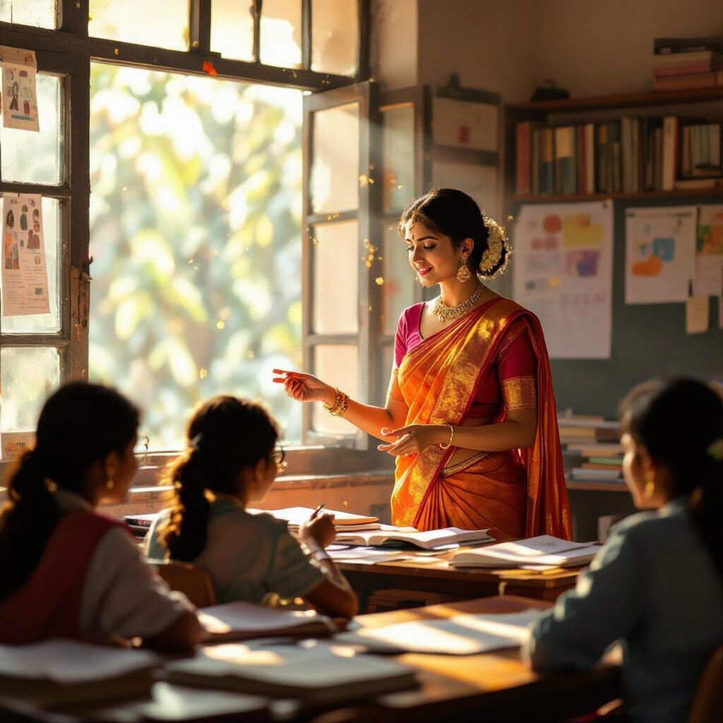 Indian Teacher in Sari Shares Knowledge in Sunlit Classroom