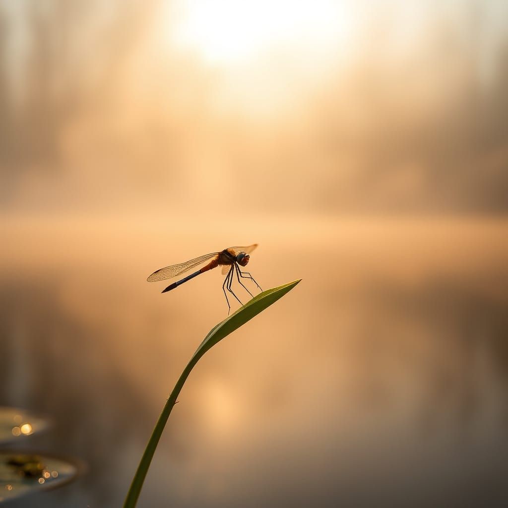 Surreal Morning Mist Captures Iridescent Dragonfly in Golden...