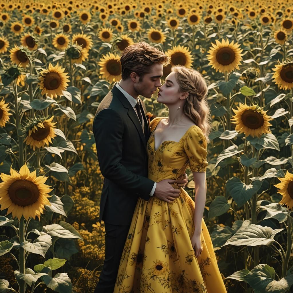 Sabrina Carpenter and Robert Pattinson in Sunflower Field